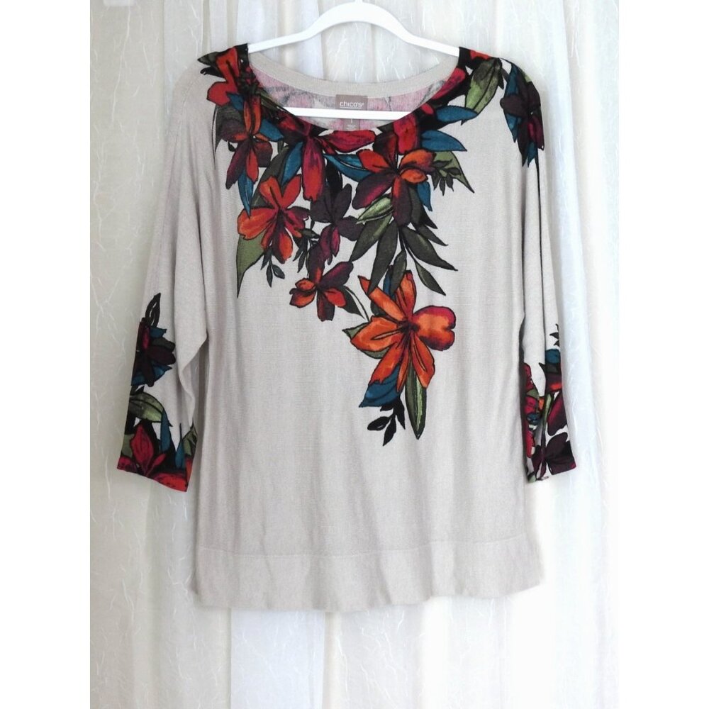 Women's Chico's Sz 1 Touch Cashmere Pacific Floral Sweater Top Tropical Tan - Picture 3 of 9